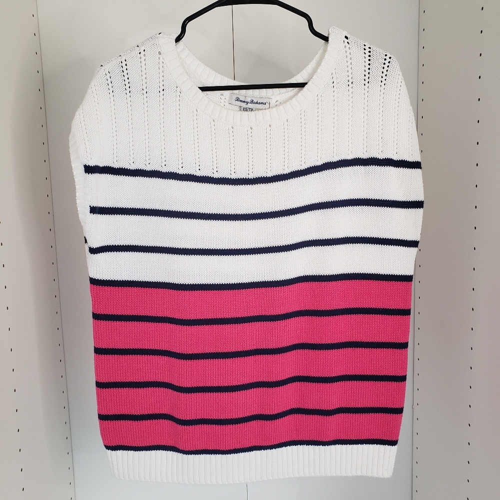 Tommy Bahama pink navy & white yacht boating knitwear sleeveless beach shirt